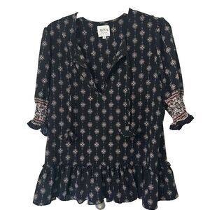 Misa Tassel Tie Printed Peplum Top Blouse Women Large Black Smocked Short Sleeve